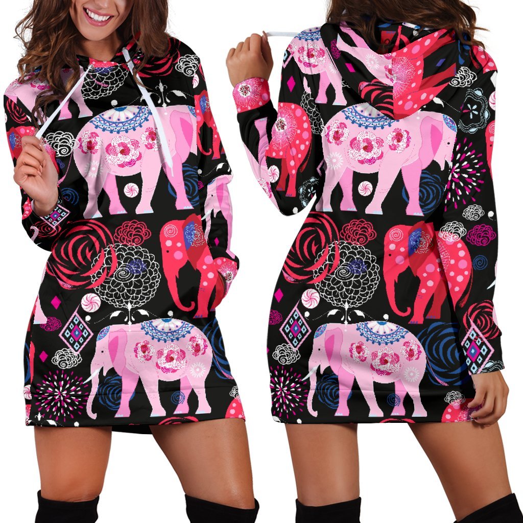 Pink Elephant Pattern Women Hoodie Dress