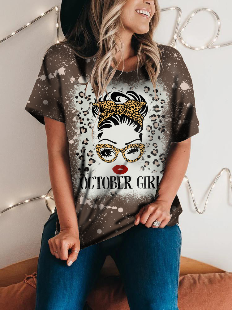 October Girl 3D Print T-Shirt, Leopard Print Trendy Women