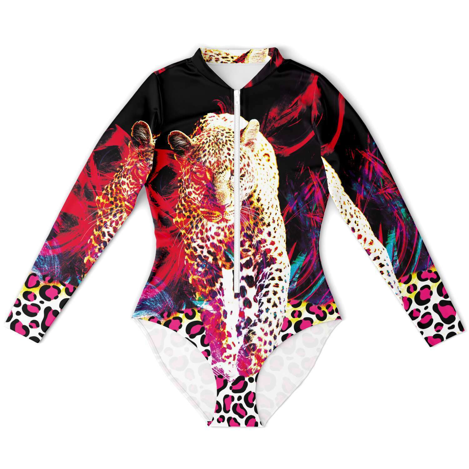 Abstract Art Leopard Print Long Sleeve Bodysuit With Uv Protection