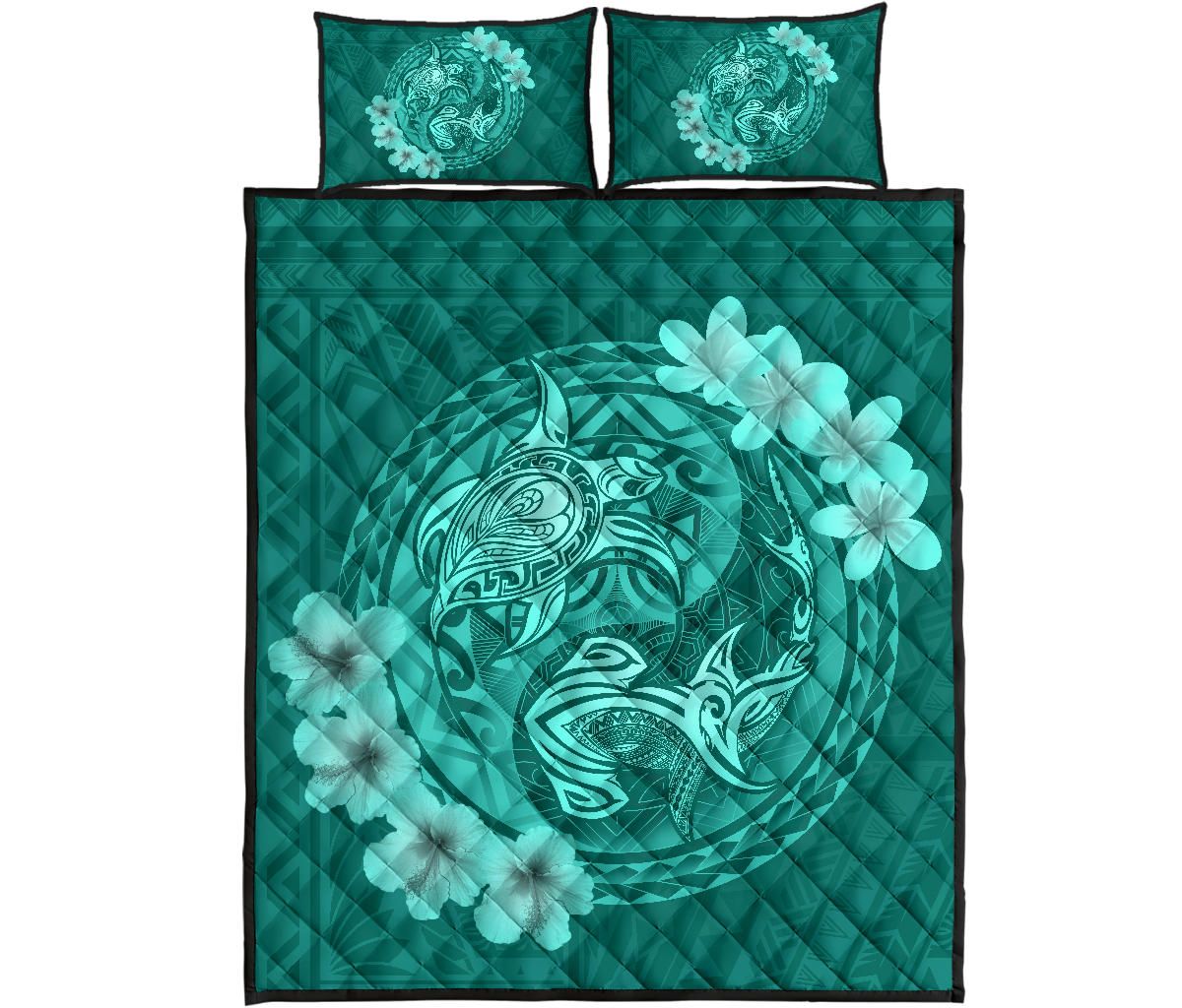 Alohawaii Home Set – Hawaii Yin Yang Turtle Shark Hibiscus Plumeria Quilt Bed Set – Turquoise – Ah – J4