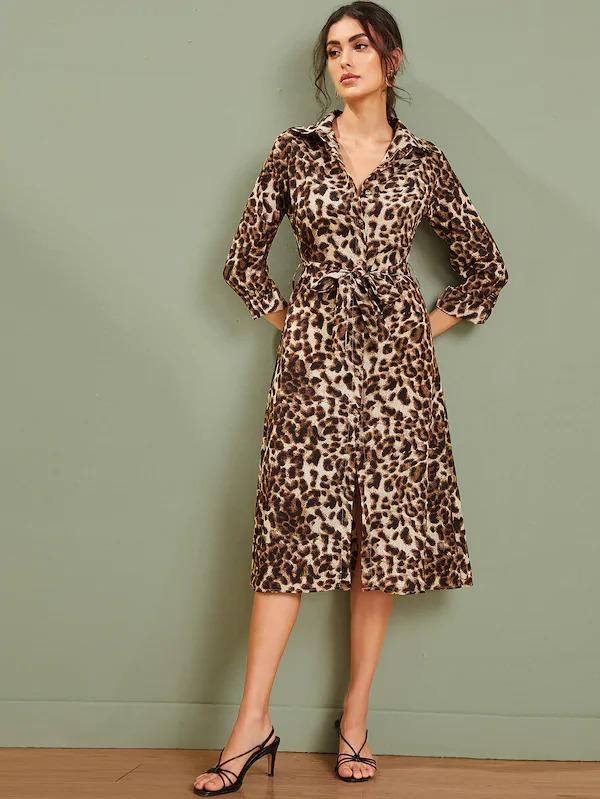 Women Leopard Button Through Belted Shirt Dress