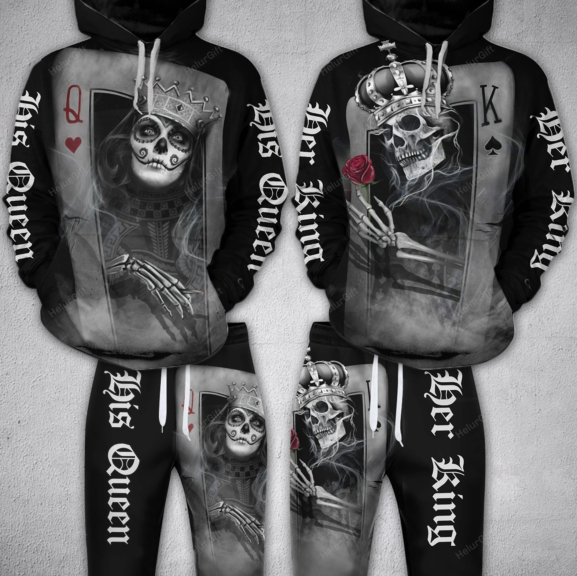 Skull His Queen Her King Couple Hoodie Set