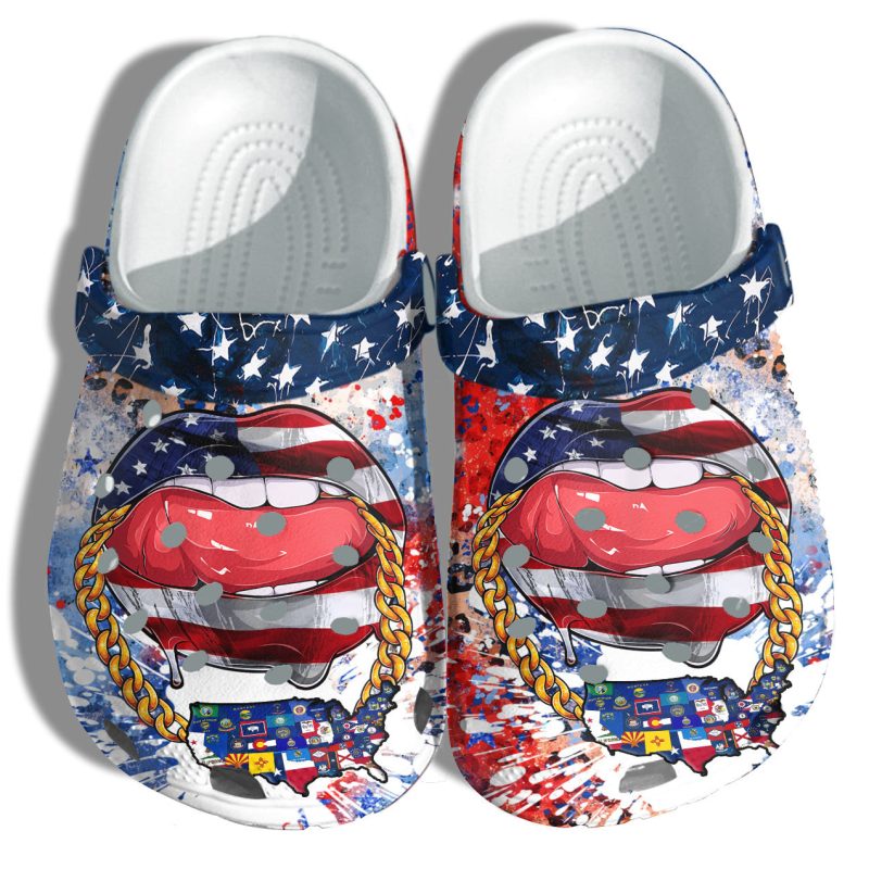 Sexy Lips Tongue Chains States Signs 4Th Of July Shoes Gift Women – Usa All States Logo America Flag Shoes Birthday Gift