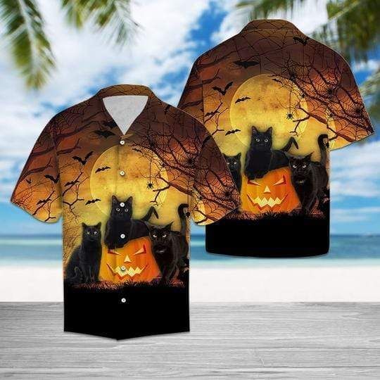 Buy Black Cat Pumpkin Halloween Pattern Hawaii Aloha Shirts Ha83210