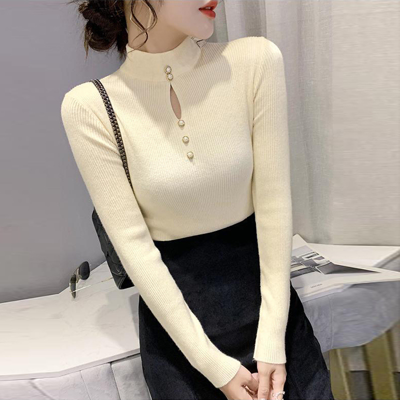 Autumn Winter Korean Basic Top Female Sexy Hollow Chic Elegant Slim Pullover Knitted Sweater Long Sleeve Women’s Clothing Jumper alx