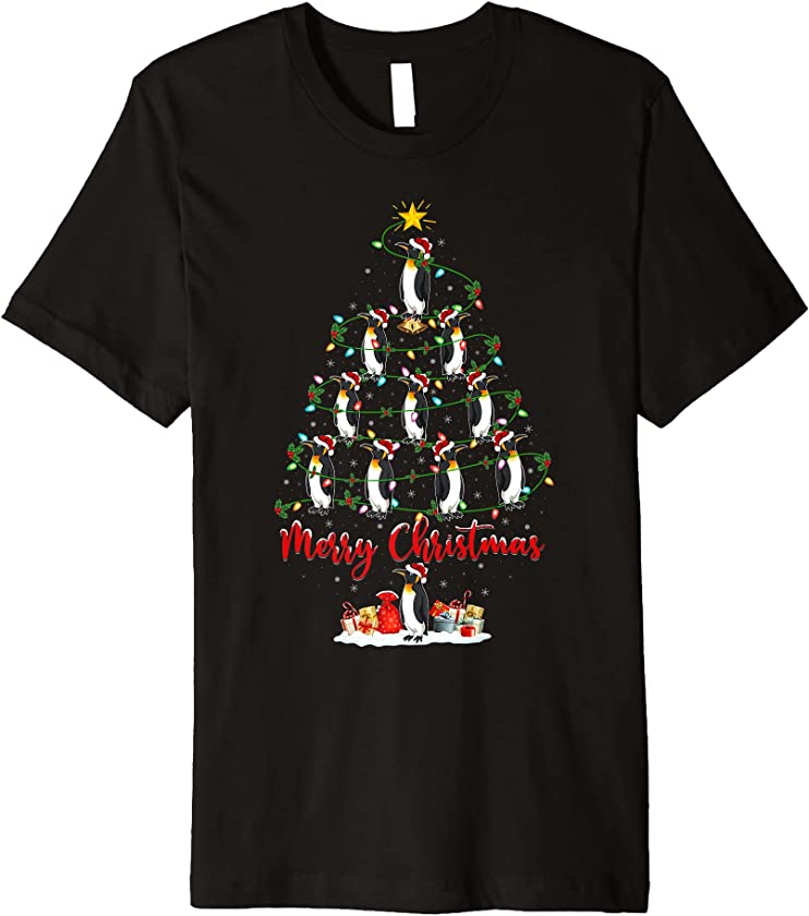 Penguin Christmas Tree Lights Funny Penguin Bird Xmas Premium T-Shirt