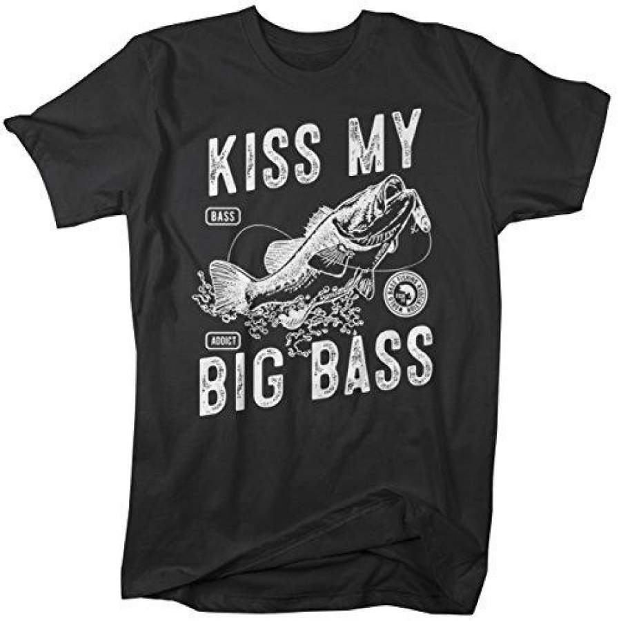 Men’s Funny Fishing T-Shirt Kiss My Big Bass Vintage Fisherman Offensive Shirt