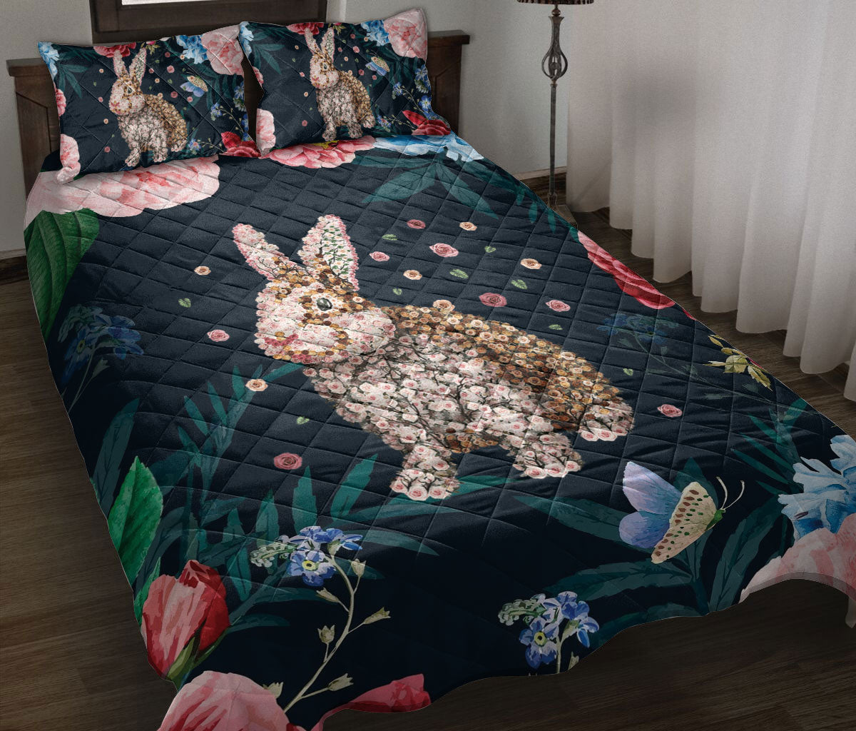 Rabbit Quilt Set, Rabbit Bunny Find My Soul Flower Garden Floral Quilt Blanket With Pillowcases, Quilt Bedding Set