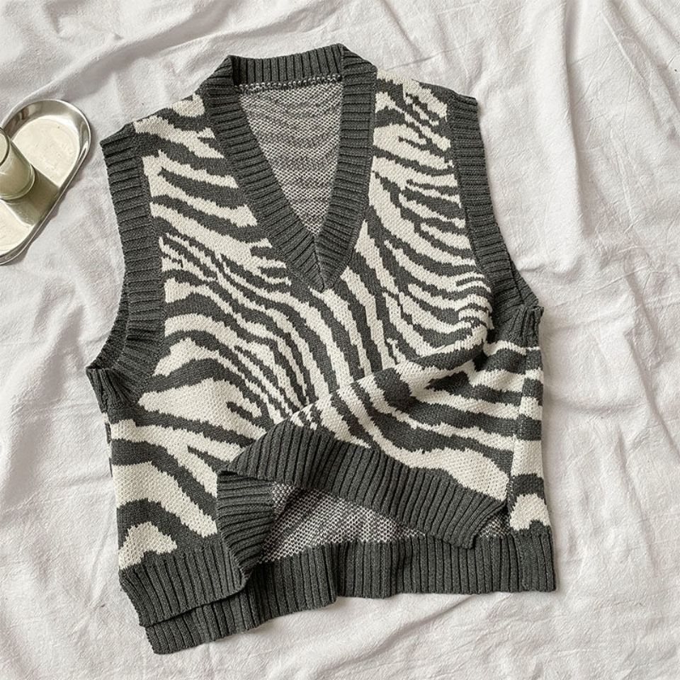 Women Sweater Vests Loose Harajuku Vintage Zebra Striped Tops Knitting Sleeveless Outwear Spring Personality V-neck Classic Vest alx