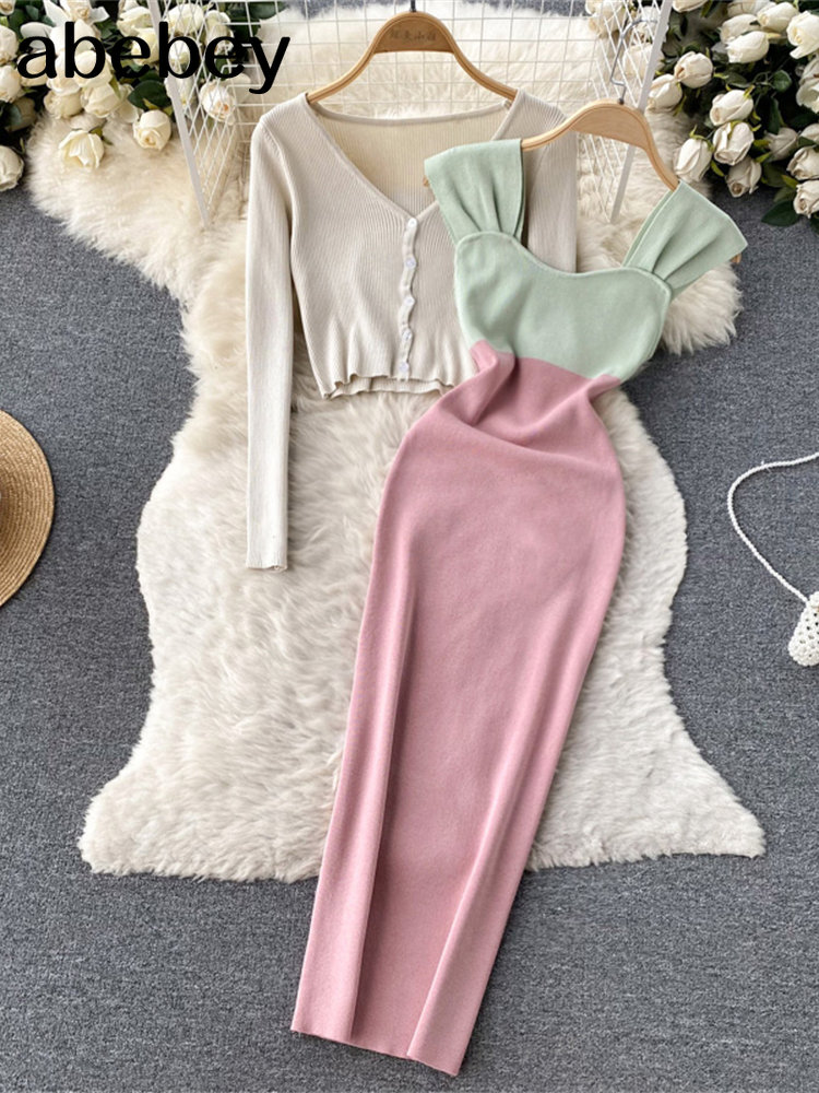 Autumn Fashion Sexy Knitted Sets Long Sleeve Cardigan Top+Slim Contrast color Camis Dress Women OL Sweater Two Pieces Sutis alx