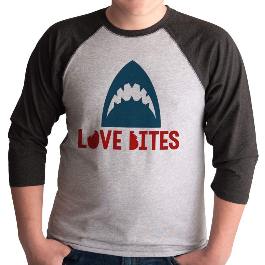 7 ate 9 Apparel Men’s Love Bites Shark Valentine’s Day Grey Raglan Shirt