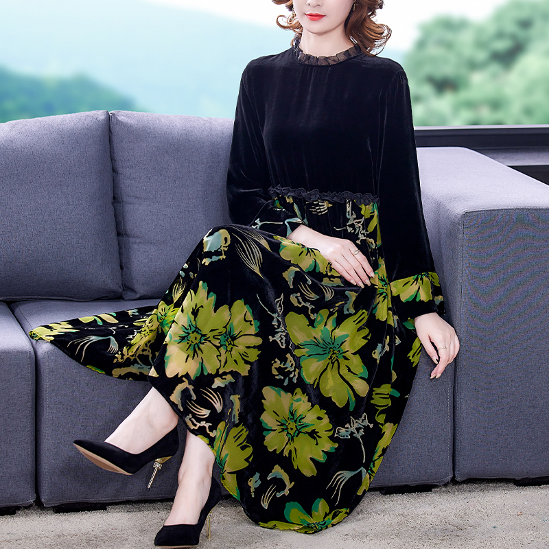 2021 Women Vintage Black Floral Golden Velvet Dress Spring Autumn Loose 5XL Plus Size Midi Dress Elegant Bodycon Casual Vestidos alx