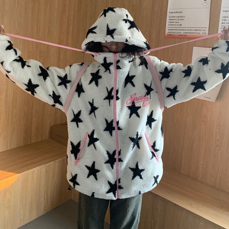 Winter Clothes Women 2022 Korean Fashion Lamb Star Print Coats Streetwear Cotton Jackets Women Loose Sweatshirt Y2k Clothes alx