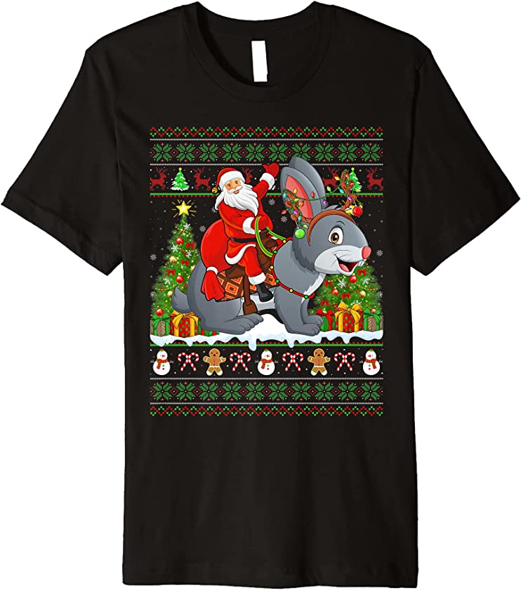 Rabbit Lover Funny Ugly Santa Riding Rabbit Christmas Premium T-Shirt