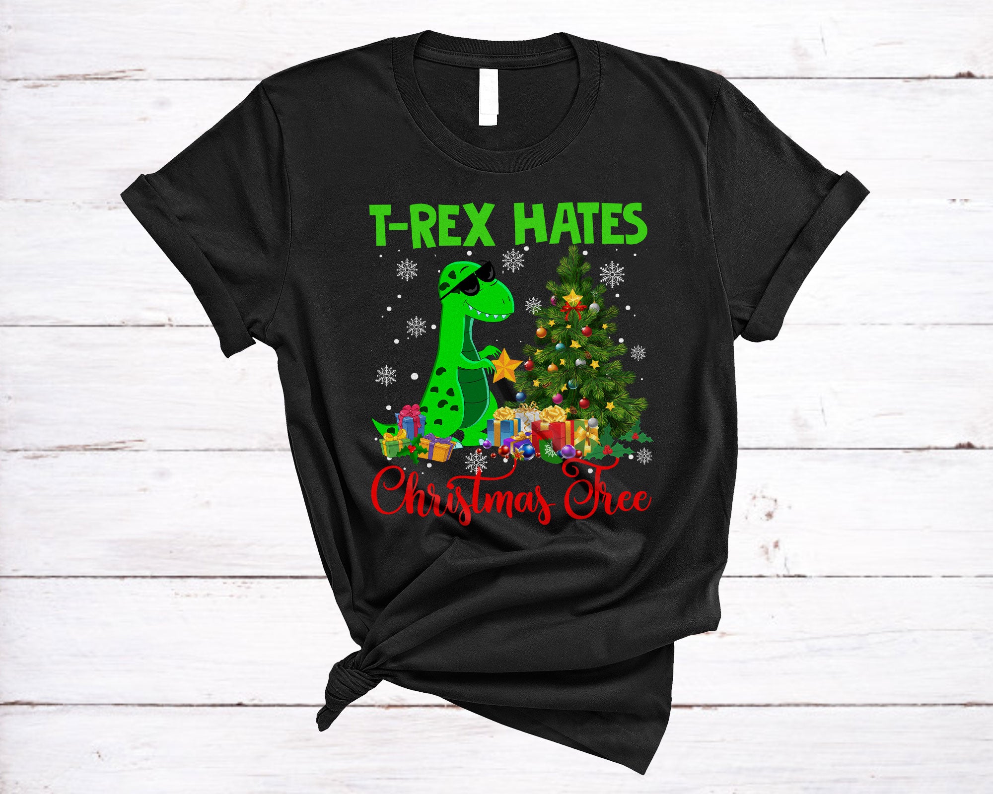 Christmas T-Rex Shirt T-Rex Hates Christmas Tree Funny Dinosaur Make Christmas Tree Lover Gifts T-Shirt