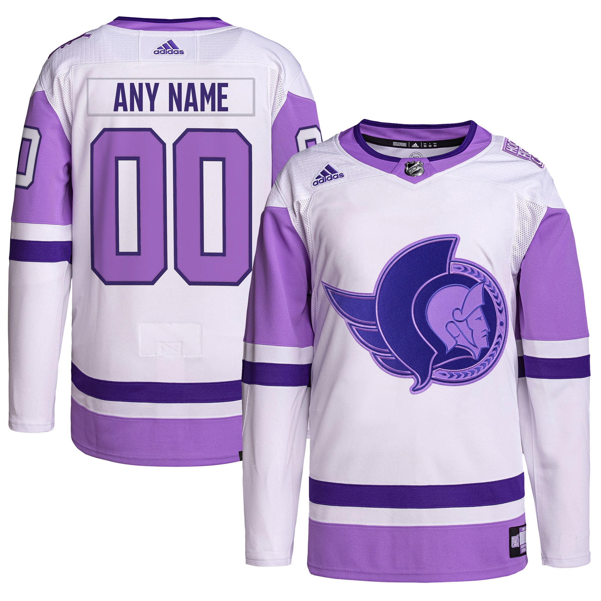 Men's Ottawa Senators adidas White/Purple Hockey Fights Cancer Primegreen Authentic Custom Jersey