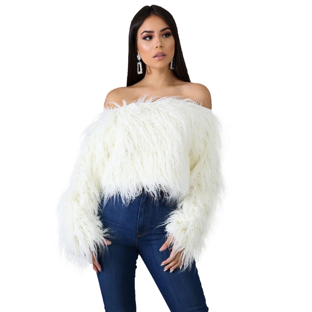 Adogirl Women Sexy Off Shoulder Faux Fur Crop Top Changing Color Slash Neck Long Sleeve Sweater Fashion Tops Warm Winter Jumper alx