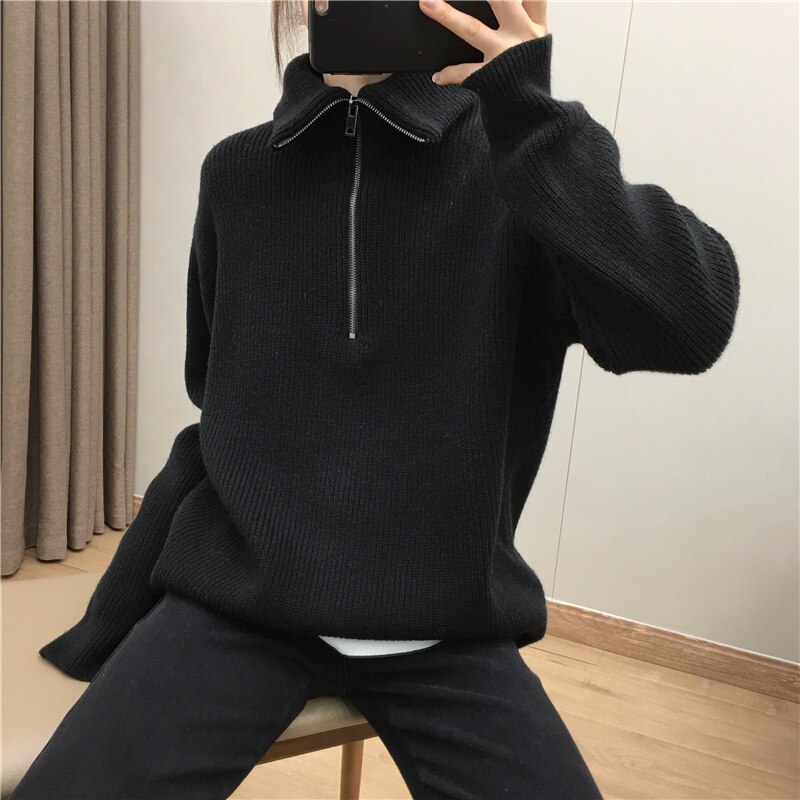 2022 Autumn Winter Women Knit Sweater with Zipper Loose Pullover Korean Female Sweaters Oversize Knitted Warm Fall Turtleneck alx