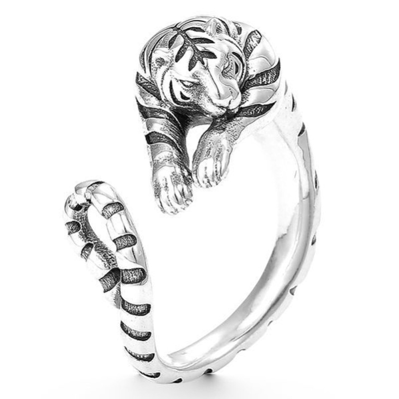 2022 Retro Ring for White Tiger Inlaid Opening Adjustable Silver Souvenir Jewery Gift alx