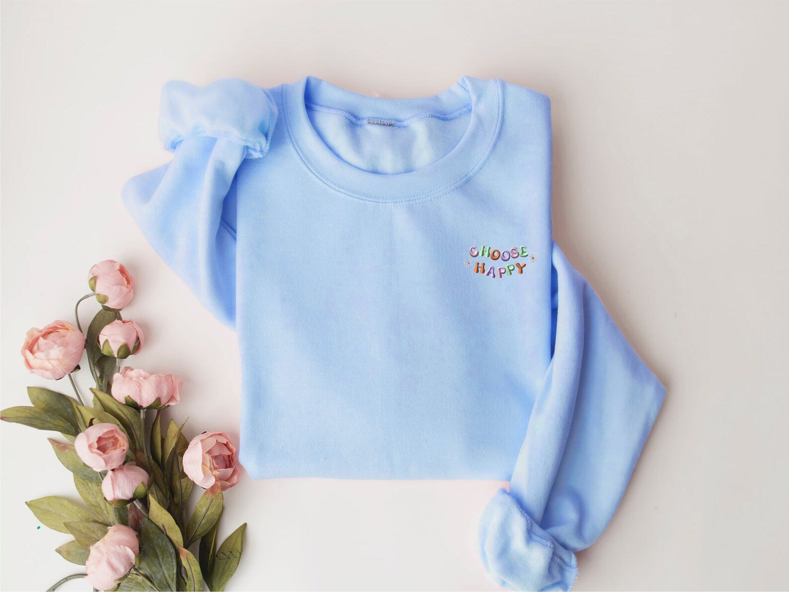 Embroidered Choose Happy Sweatshirt 2D Crewneck Sweatshirt All Over Print Sweatshirt For Women Sweatshirt For Men Sws2566