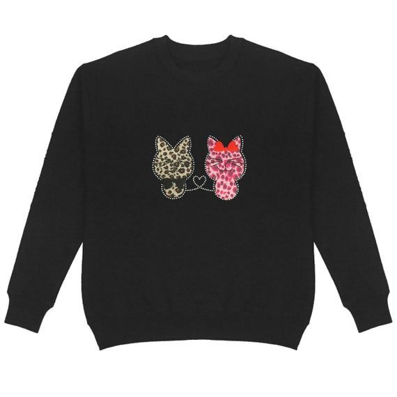 Two Lovely Cats Patch Stone Crew Neck Sweatshirt Plus Size Unisex Bling Bling Handmade Cute Animal 889