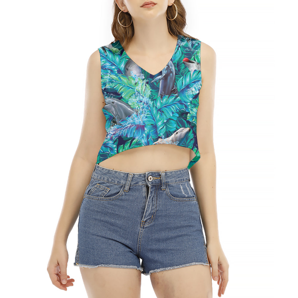 Dolphin Tropcial Monstera V-Neck Sleeveless Cropped T-Shirt