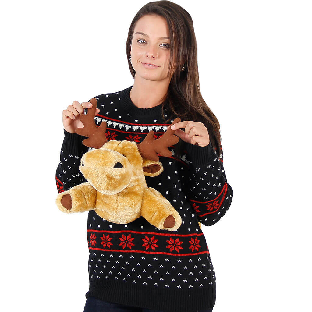 Women’S Black 3-D Sweater With Stuffed Moose Ugly Christmas Sweater