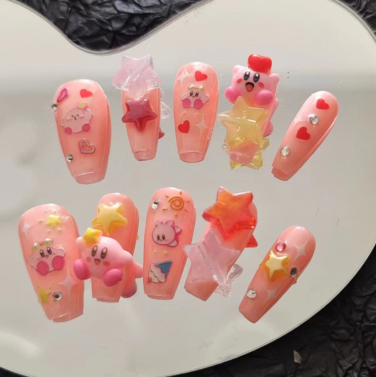 Orange pink Kirbby Star Press On Nails / Handmade Y2K Fake Nails/Spring Nails/Y2K Nails Kawaii Nails / Cute Japanese Nails #68