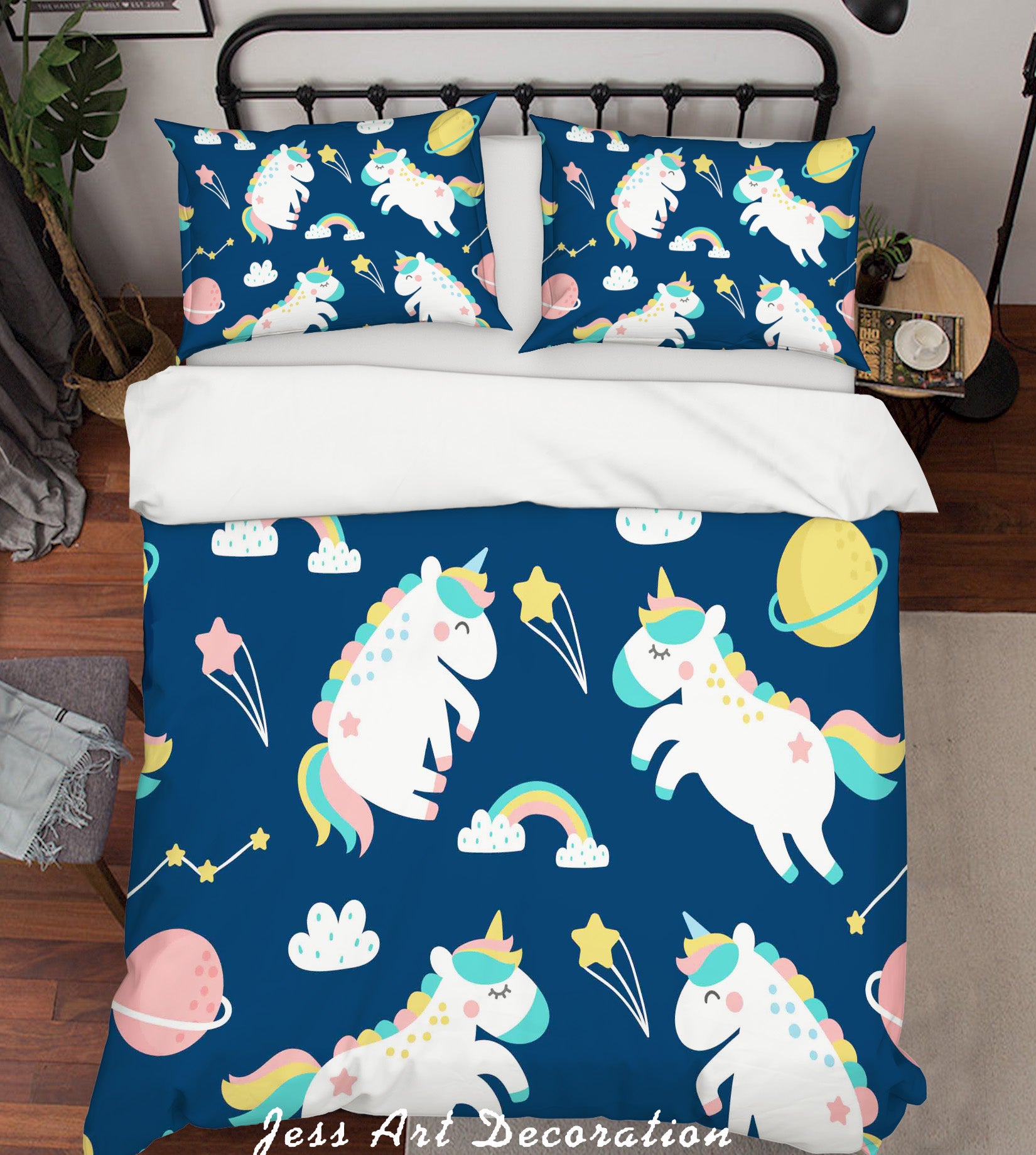 3D Blue Unicorn Rainbow Planet Star Quilt Cover Set Bedding Set Pillowcases 36