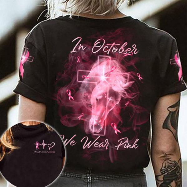 In October We Wear Pink Breast Cancer Awareness White Unicorn And Cross Ribbon Heartbeat Breast Cancer 3D Clothes