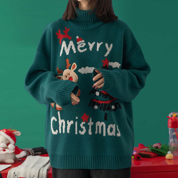 Autumn Winter Christmas Sweater Causal Christmas Tree Elk Print Long Sleeve Pull Jumper Femme Fashion Turtleneck Knitted Sweater alx