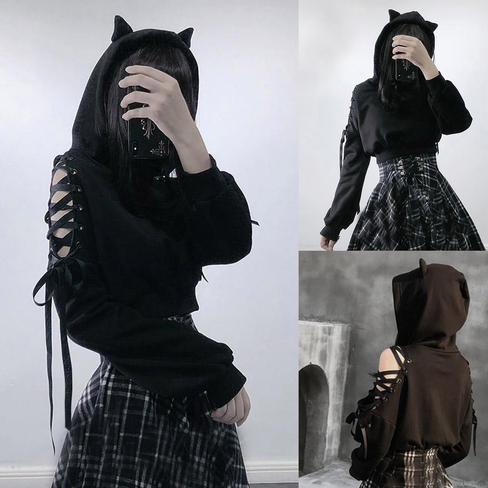 Black Gothic Crop Top Women Hoodies Punk Sweatshirt Off Shoulder Lace Up Hooded Pullover Cat Ear Short Style Female Jacket Coat alx