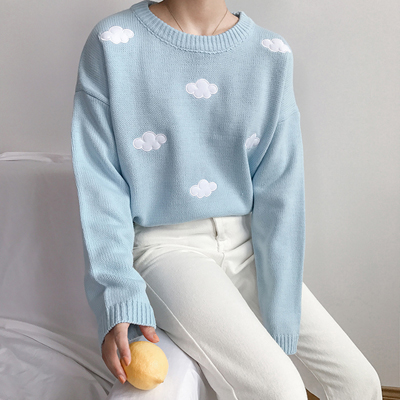 2020 Women’S Kawaii Ulzzang Vintage College Loose Clouds Sweater Female Korean Punk Thick Cute Loose Harajuku Clothing For Women alx