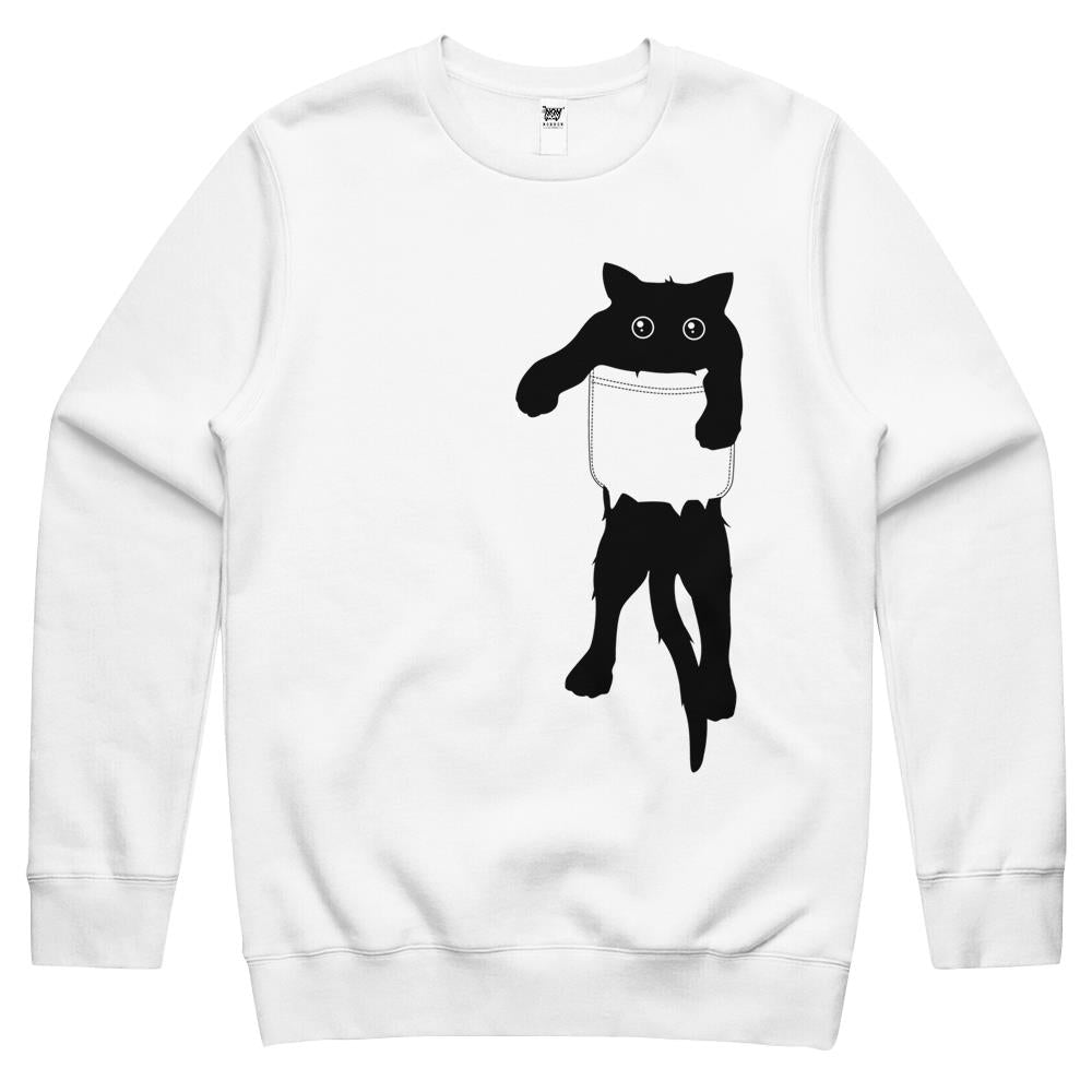 Hang Loose Black Cat Pocket Art Crewneck Sweatshirt