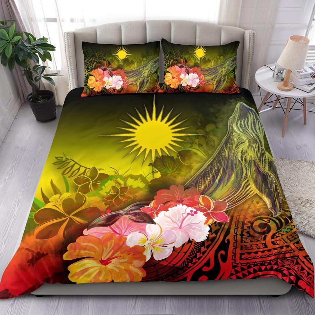 Alohawaii Bedding Set – Cover And Pillow Cases Marshall Islands – Humpback Whale With Tropical Flowers (Yellow)- Bn18