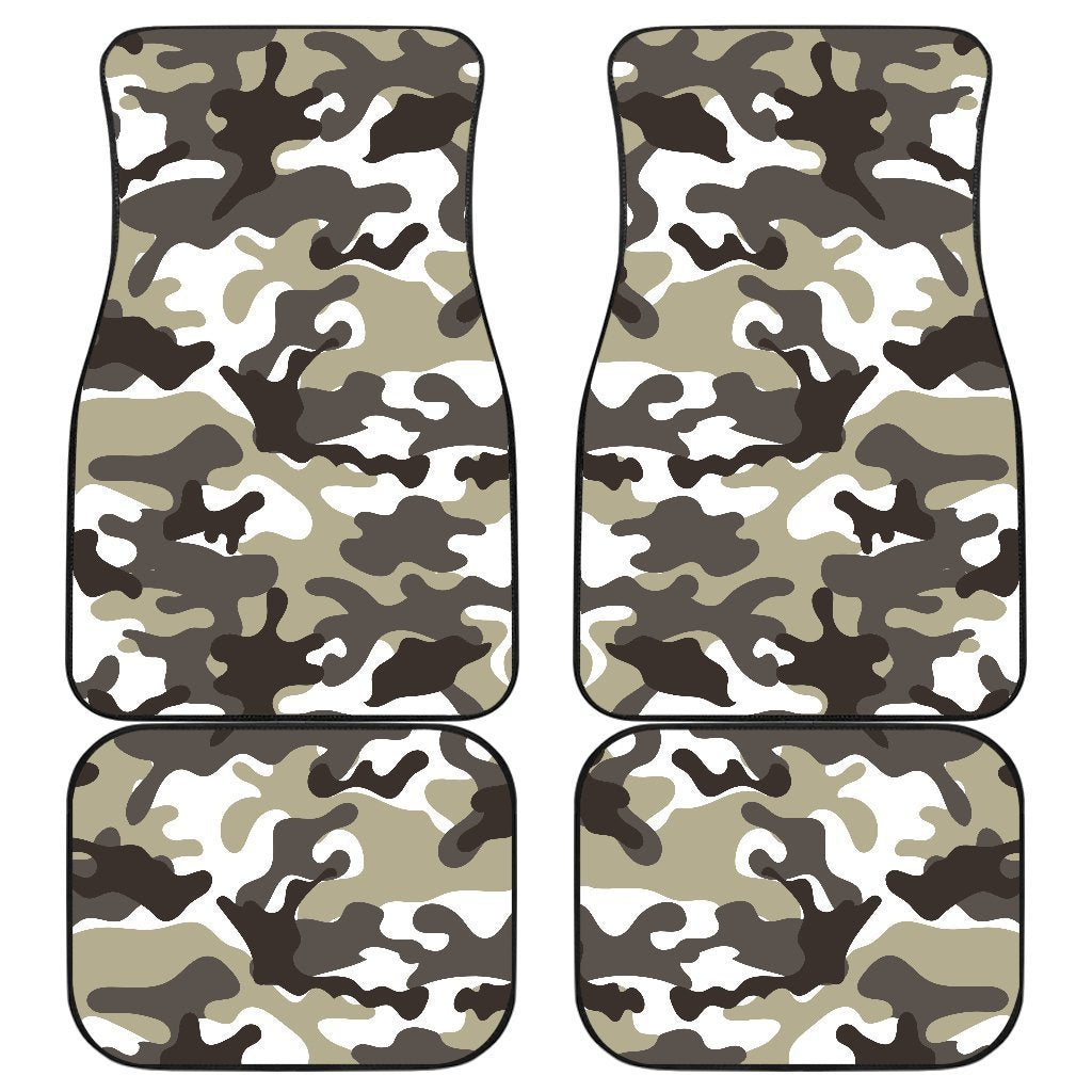 Brown And White Camouflage Print Front And Back Car Floor Mats, Front Car Mat