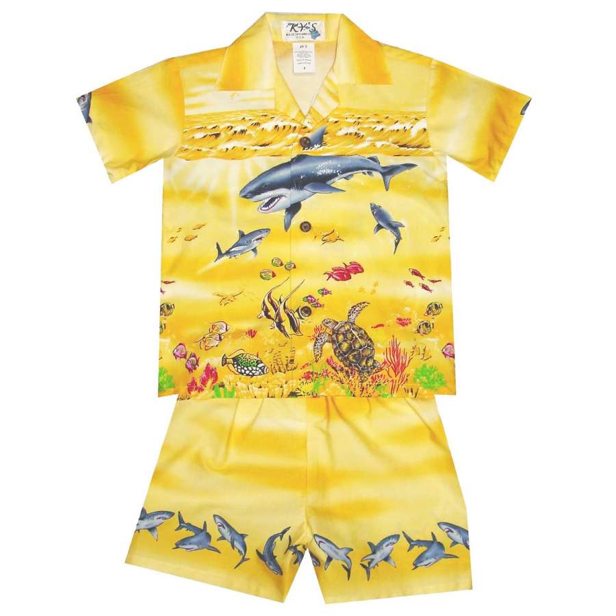 Shark Storm Yellow Boy’s Hawaiian Shirt and Shorts