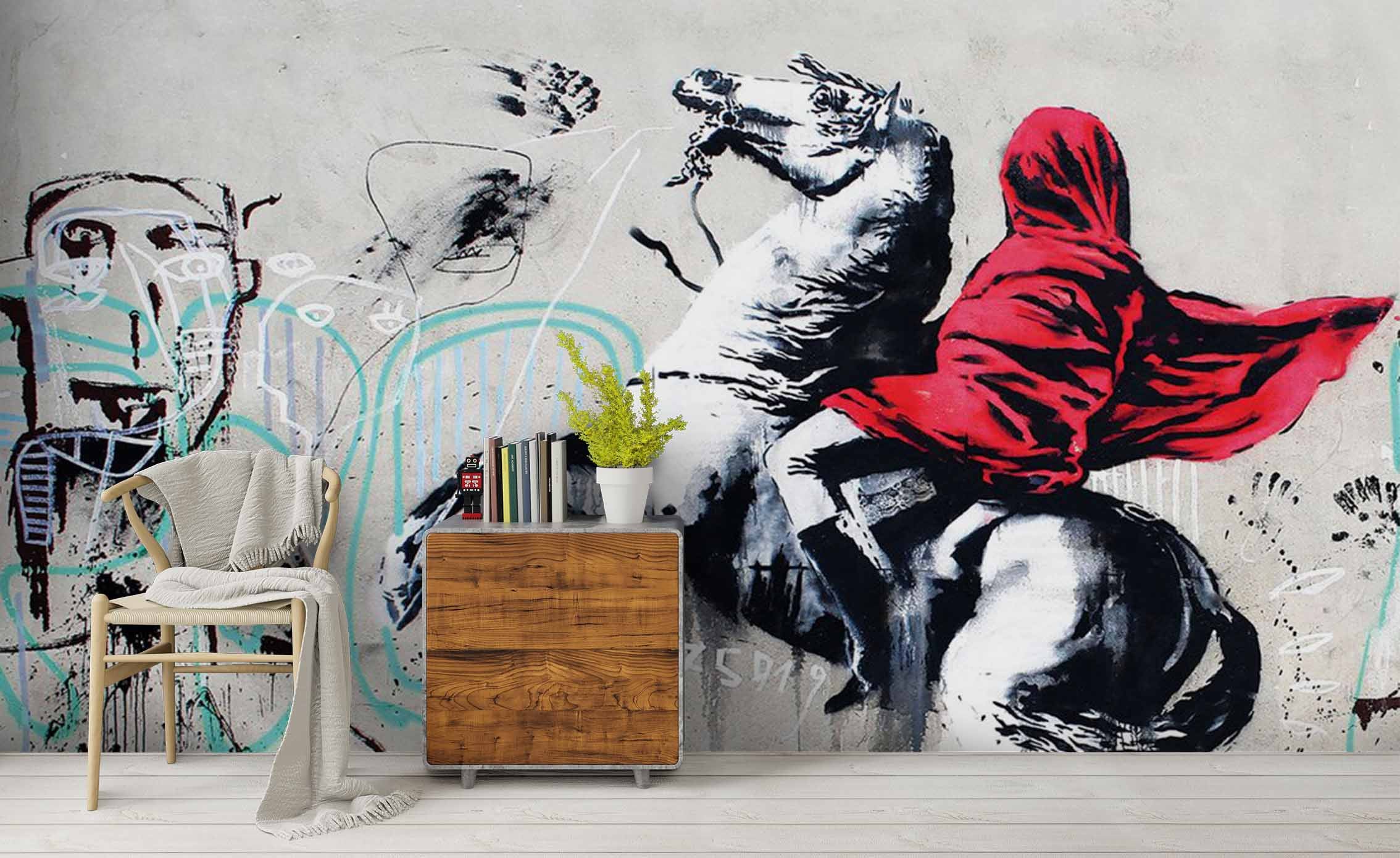 3D Banksy Animal Horse Knight Red Cloak Wall Mural Wallpaper Zy D71