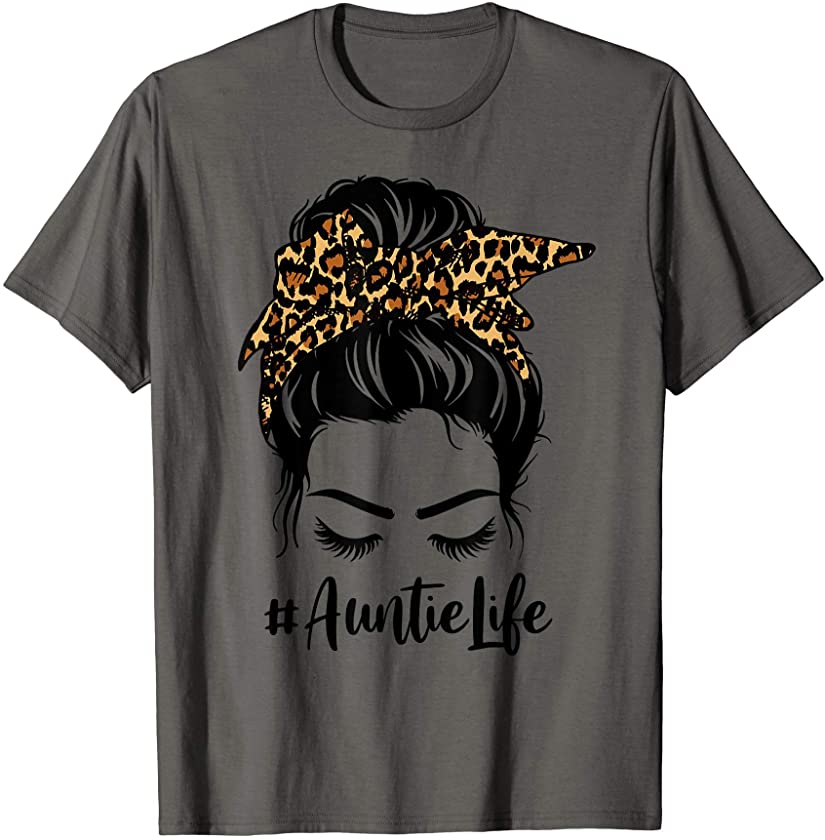 Auntie Life Messy Bun Hair Bandana Leopard Print T-Shirt