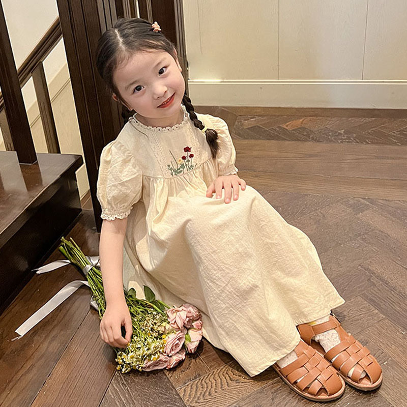 Baby Girls Dress Cotton Linen Puff Sleeve Embroidery Dress Kids Clothing 2022 Summer Children’s Retro Princess Doll Dress alx