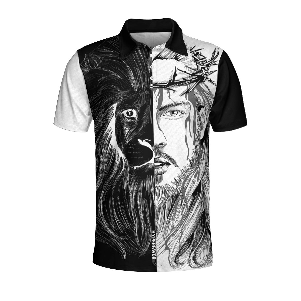 Jesus Christ Lion Contrast Art Christian Polo Shirt, Black And White Christian Shirt For Men