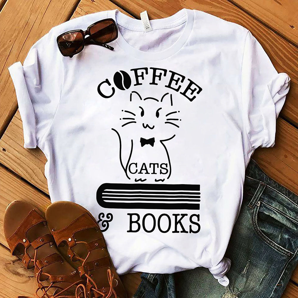 Coffee Cats & Books Funny Cute Cat Kitten  Gift Graphic Unisex T Shirt, Sweatshirt, Hoodie Size S – 5XL