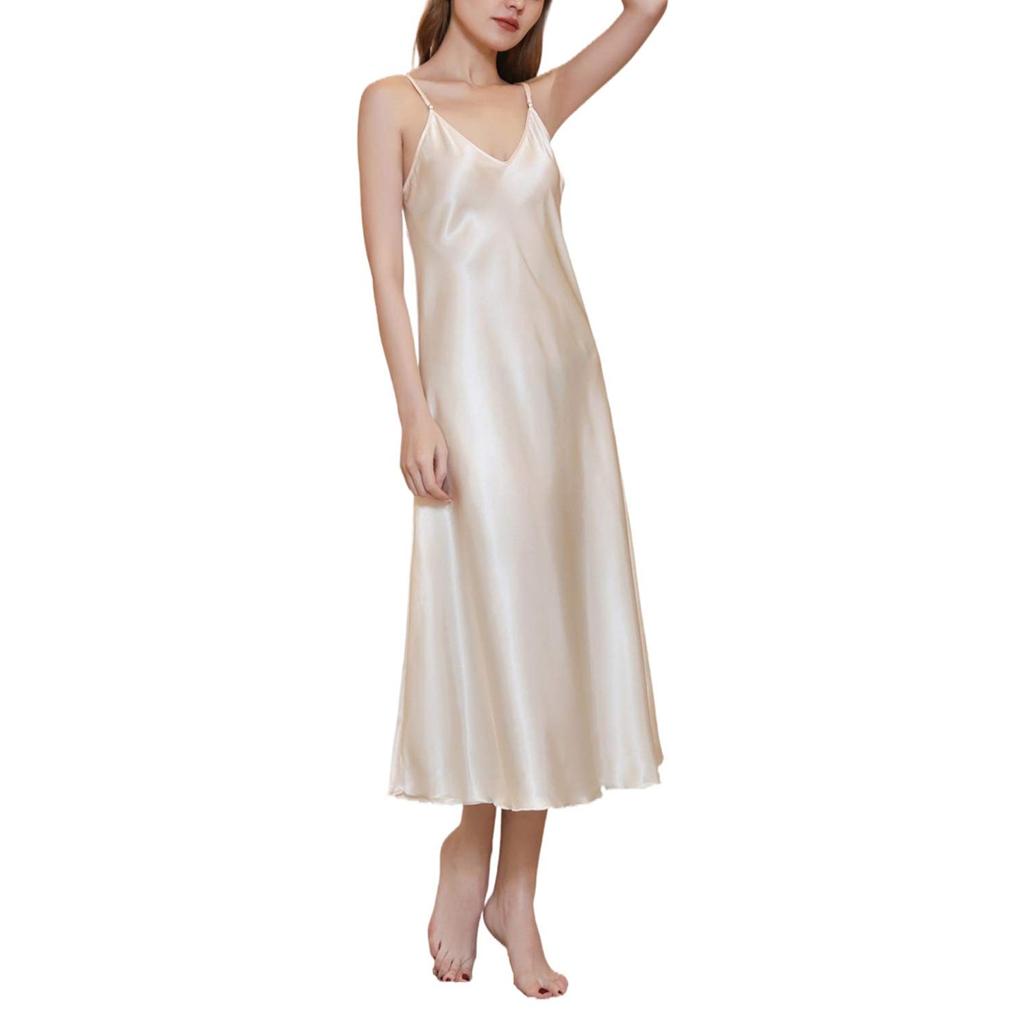 Women’s Satin Nightgown Long Slip Sleep Dress Silk V Neck Sleepwear Solid Color Nightwear alx