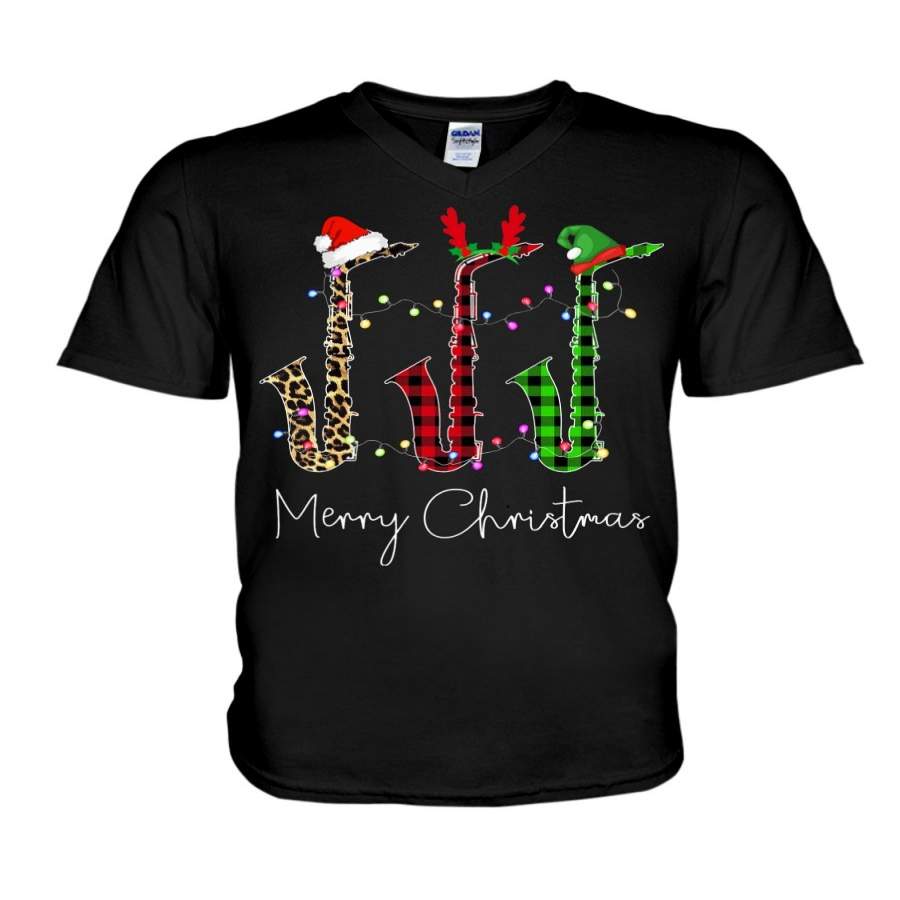 The Saxophone Leopard Red Plaid Funny Christmas Guys V-Neck