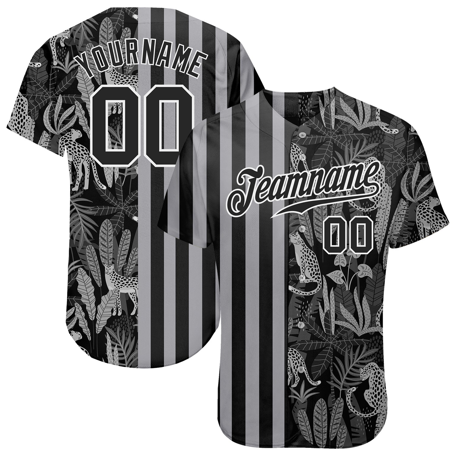 Custom Black Black-Gray 3D Pattern Design Leopards And Tropical Leaves Authentic Baseball Jersey