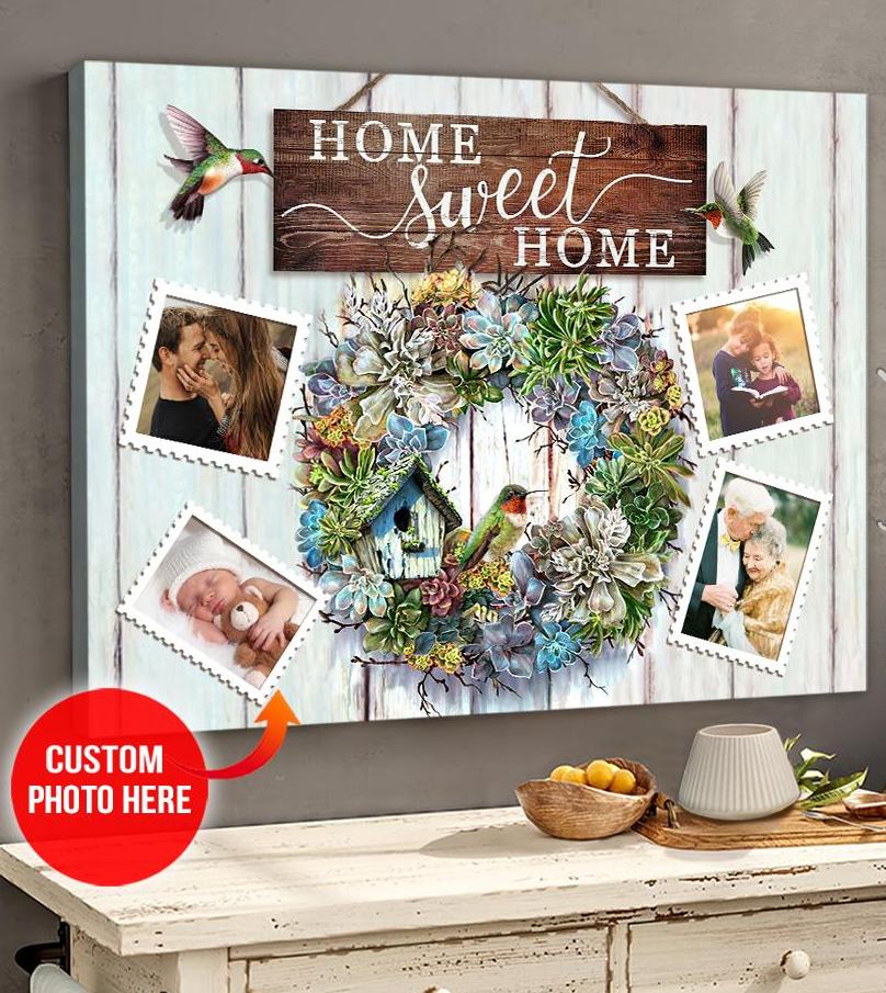 Personalized Photo Upload Yourself, Relatives Custom Canvas, Poster Wall Art Personalized Family Wreath Hummingbird Home Sweet Home