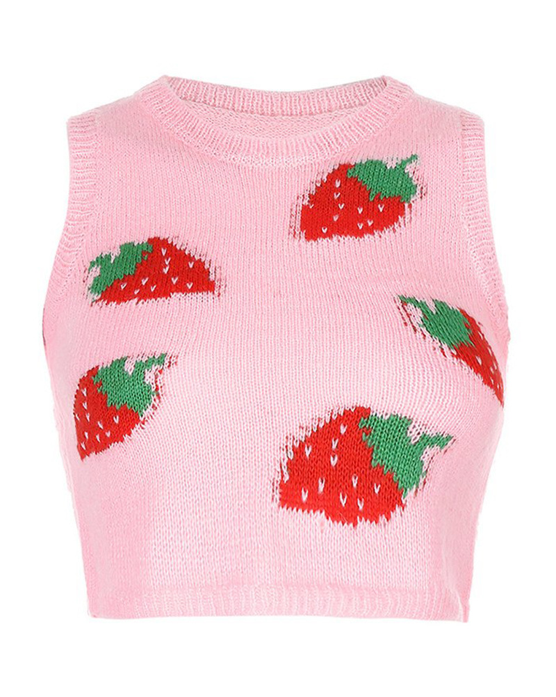 Sweet Sleeveless Sweater Vest Women Jumper Strawberry Knitted Crop Top Lady Streetwear Cute V-Neck Pullover Top Vest Autumn alx