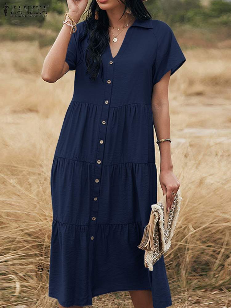 Summer Sundress ZANZEA Elegant Women V Neck Short Sleeve Shirt Dress Kaftan Buttons Down Robe Femme Casual Ruffles Midi Vestidos alx