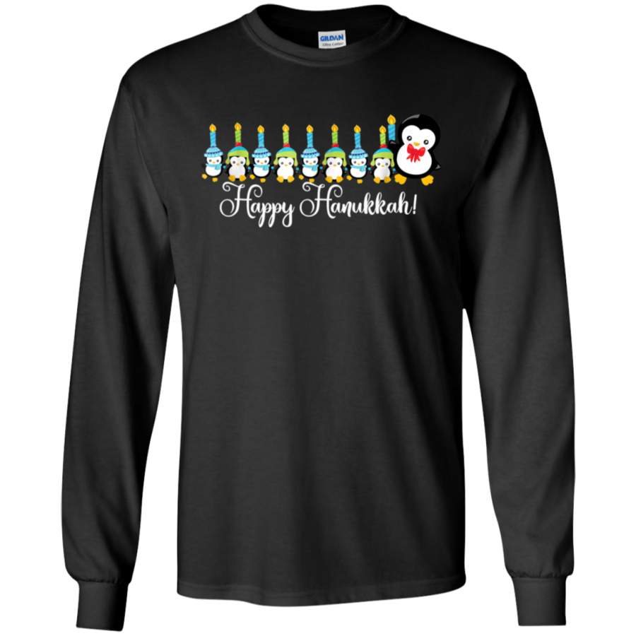 AGR Happy Hanukkah Penguins Menorah Funny Christmas T-Shirt G240 Gildan LS Ultra Cotton T-Shirt