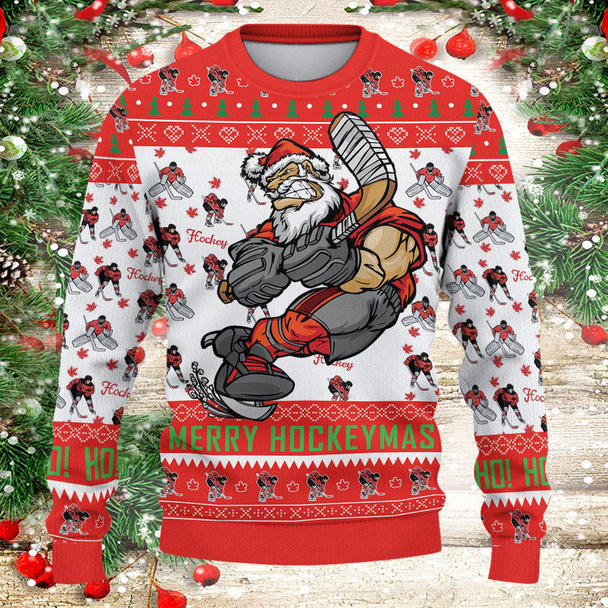 Christmas Canada Santa Plays Hockey Merry Hockeymas Unisex Ugly Sweater #Vi